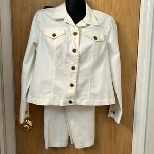 Cream jacket with brown button and matching pants